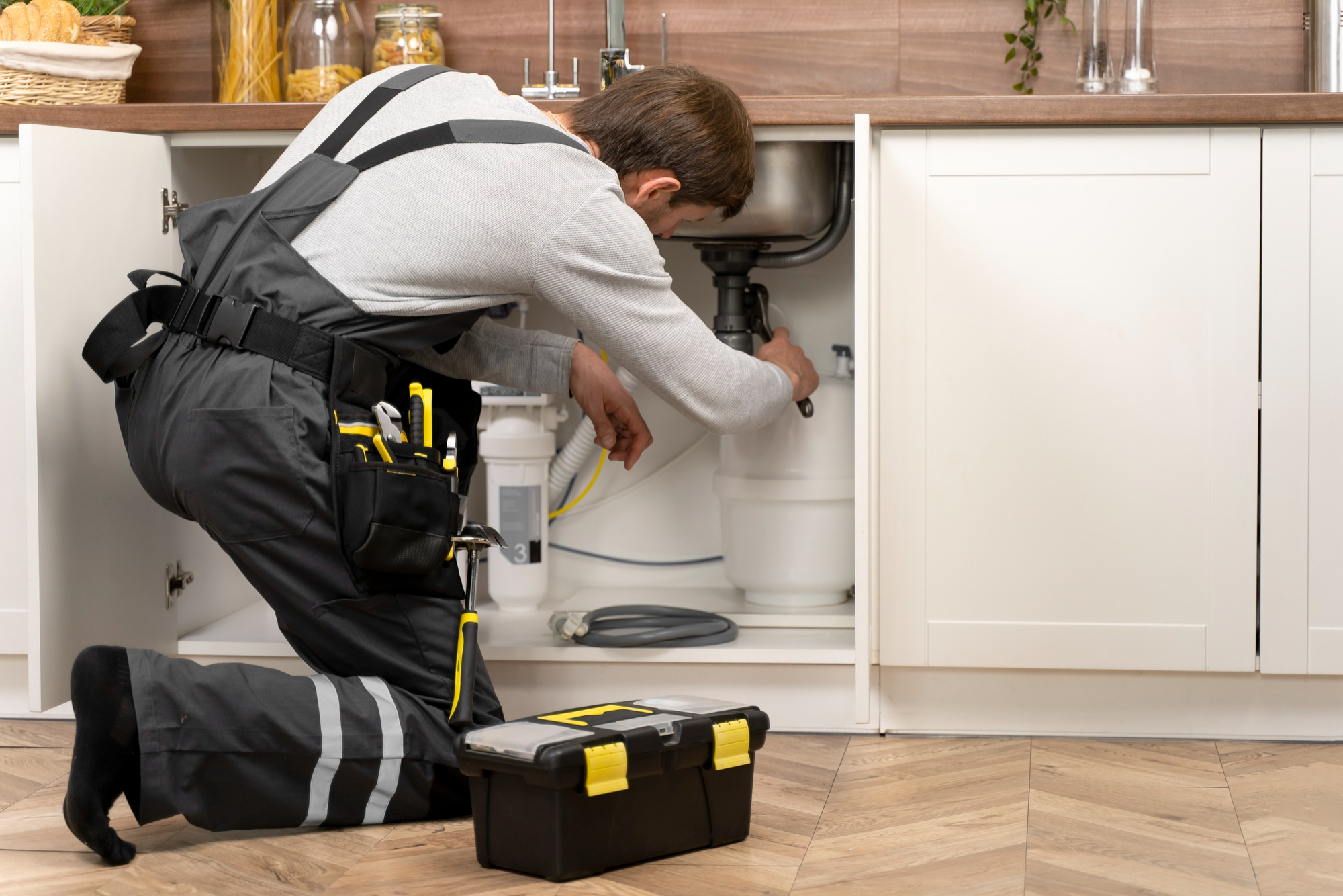 Plumber inspecting under-sink pipes for water quality issues.