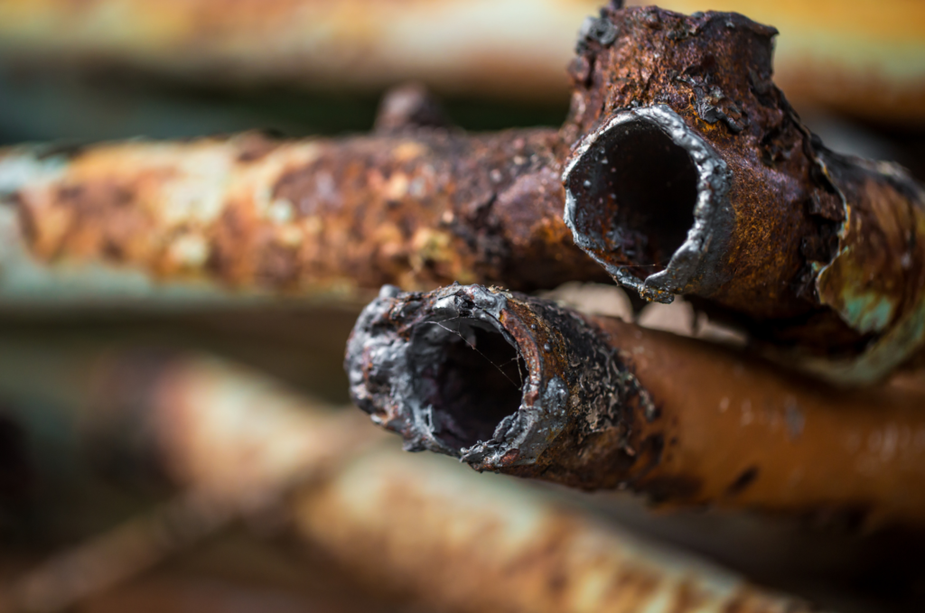 Close-up of severely rusted and corroded metal pipes, showing decay and damage that indicates the need for repiping or plumbing replacement.