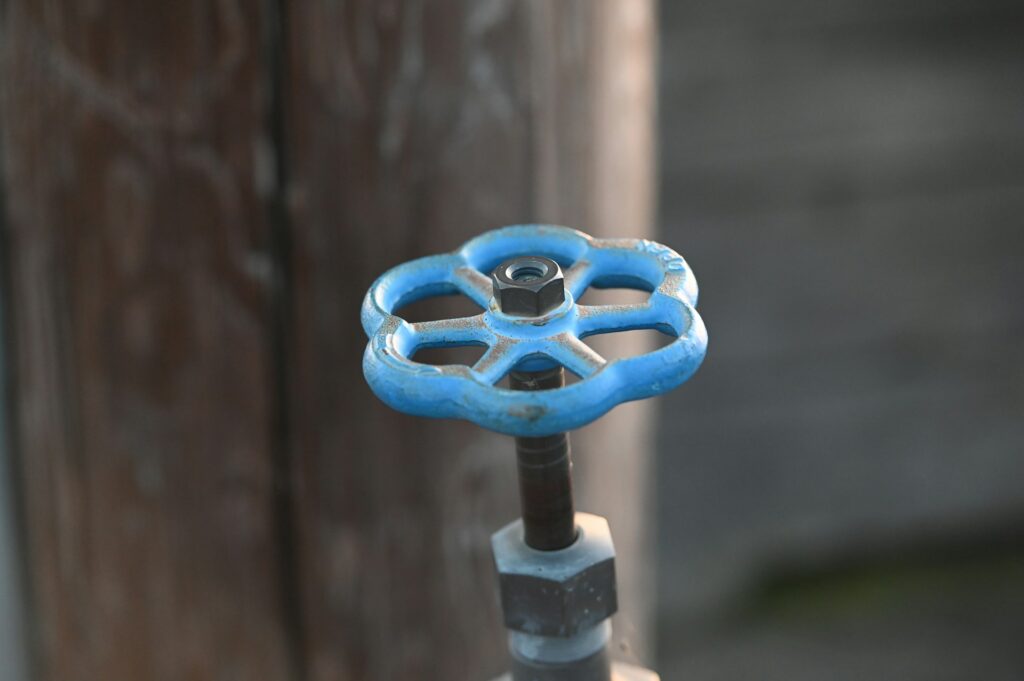 Aged blue shutoff valve on an outdoor water pipe showing wear and corrosion, suggesting ageing plumbing in need of assessment.