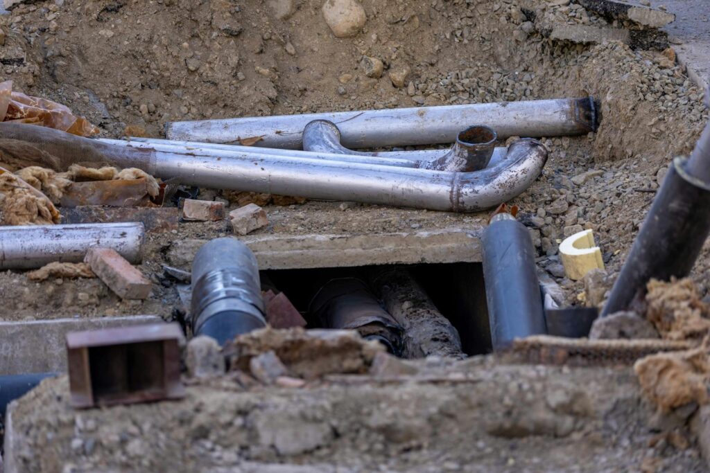 Broken plumbing pipes on the ground found during a plumbing inspection report.